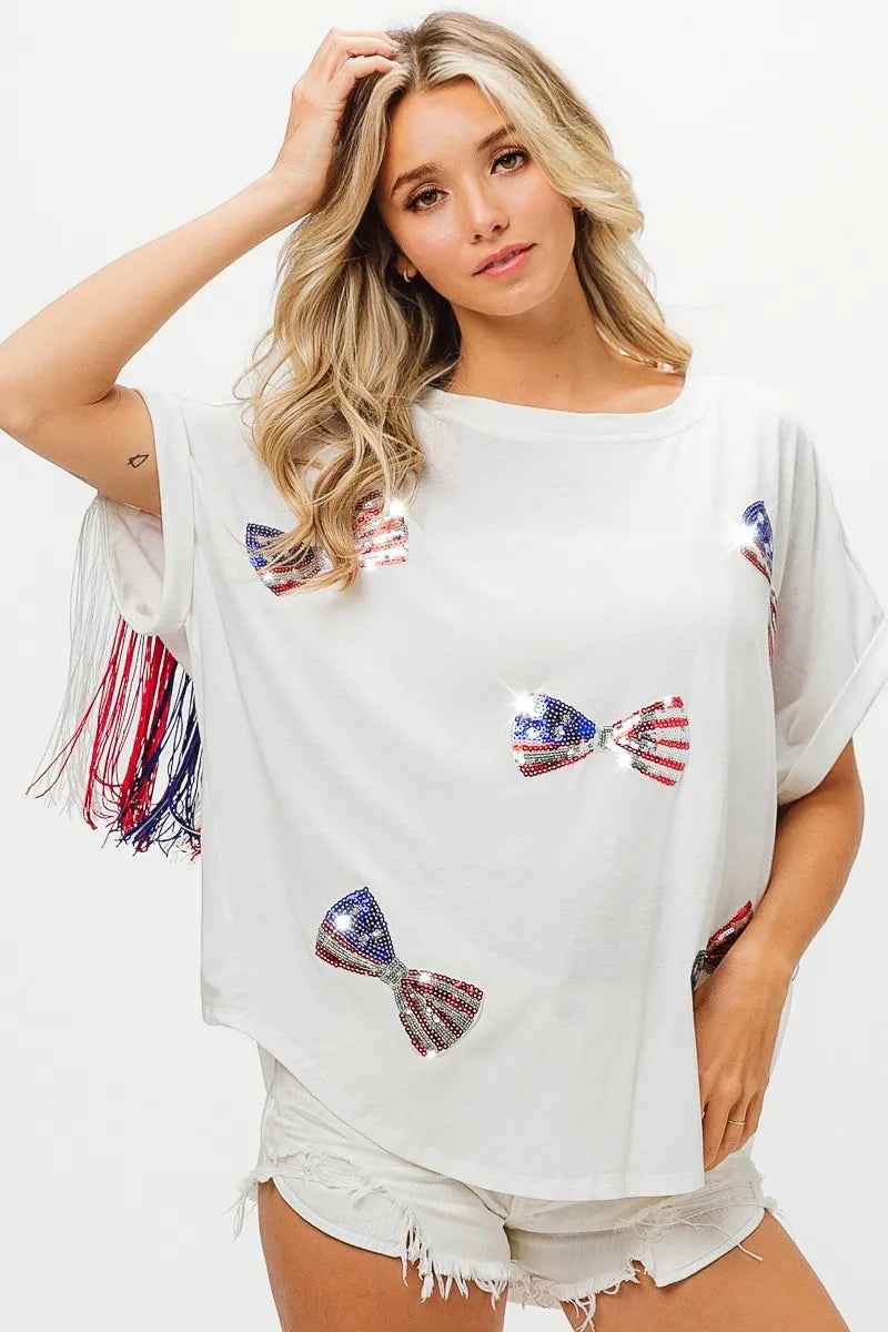 BiBi American Flag Sequin Ribbon T-Shirt - Love Salve